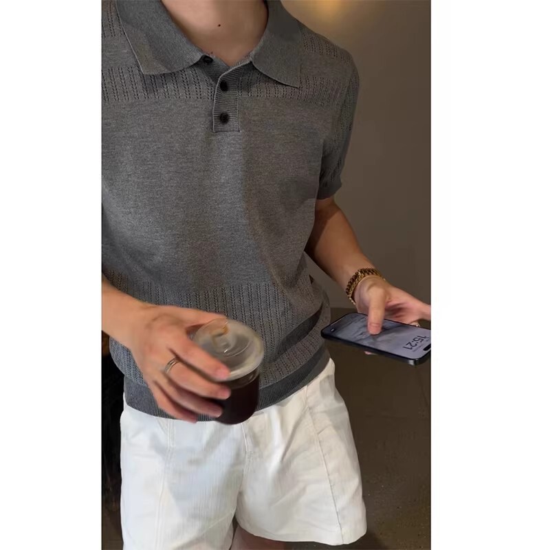 Old Money Style Henry Collar Knit Polo Shirt Short Sleeve Men's Summer Heavyweight Turn-Down Collar Regular Shoulder T-Shirt American Retro Half Sleeve Old Money Style Henry Collar Knit Polo Shirt Short Sleeve Men's Summer Heavyweight Turn-Down Collar Regular Shoulder T-Shirt American Retro Half Sleeve
