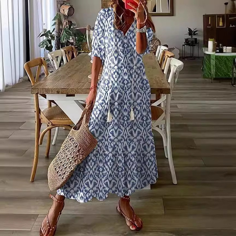 Cross-Border European and American Spring and Summer New Women's Mid-Length Sleeve Dress with Tassels Loose Bohemian Printed V Neck Long Dress