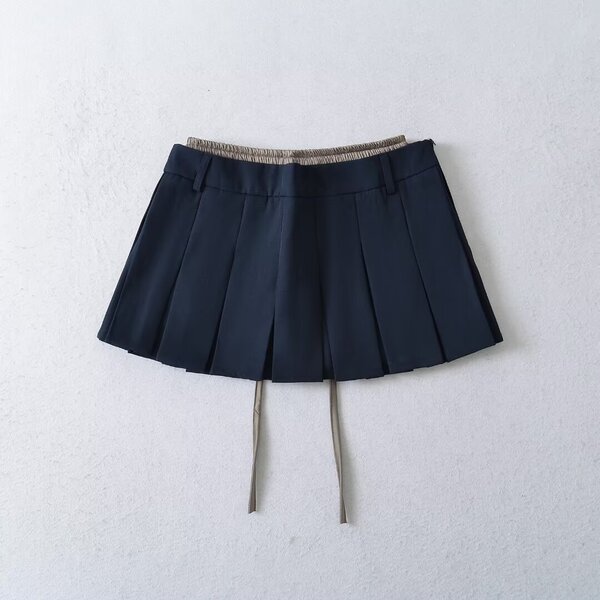 Preppy girly fake two piece waist spliced elastic pleated skirt…