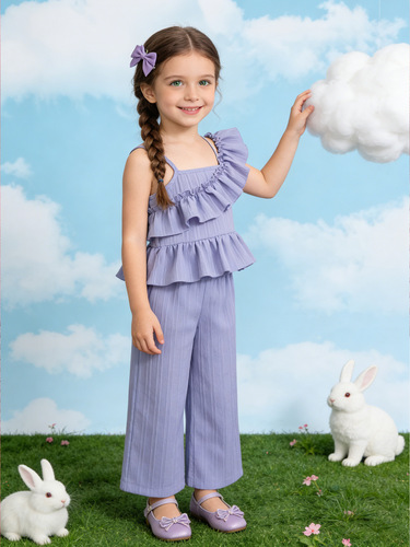 2026 new girls 'suit ruffled sling + wide-leg pants children's clothing in stock wholesale casual matching