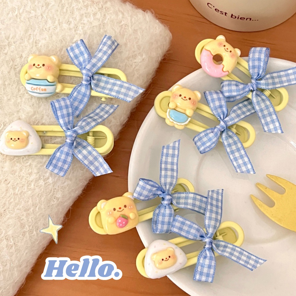 Nuevo adorable amarillo leche oso arco clip de cabello conjunto de niñas multifacé dulce cabello fruncado clip de borde al por mayor