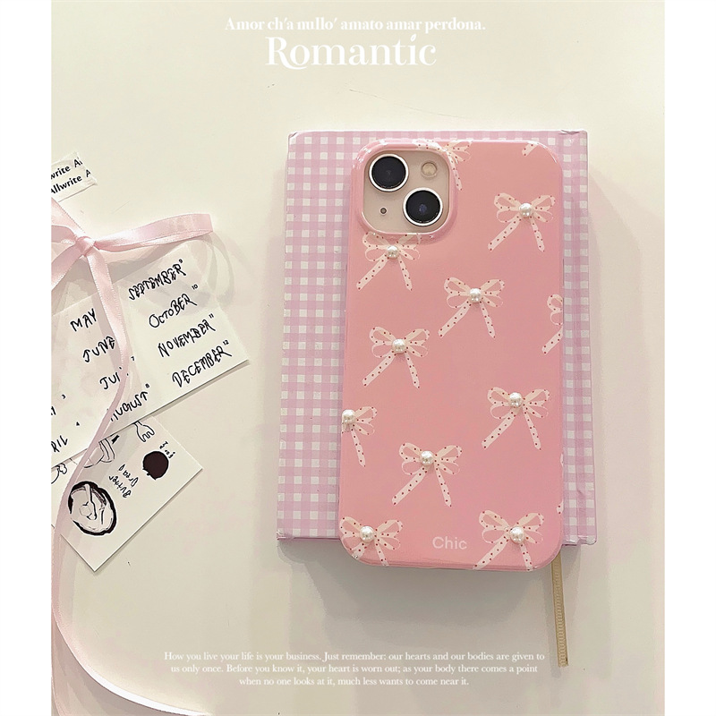 Mädchen rosa Perlenschleife passend für iPhone 15 Promax Apple 13 Handyhülle 11 3D 12 weiblich 14_voghion.com