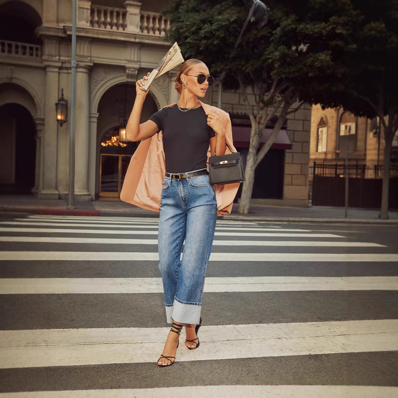 Amazon Cross-Border 2025 Spring New High-Elastic Straight Jeans Women's Quality Retro Curled High-Waisted Pants