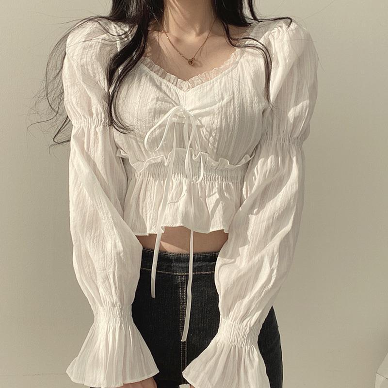 韩国春夏新款法式小众方领蕾丝衬衫甜美荷叶边显瘦别致上衣女