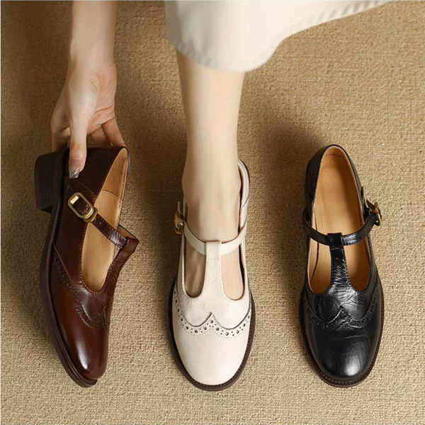 In-Stock 2025 Mary Jane Leather Shoes for Women, Soft Leather Retro Brogue Shoes, British Style Loafers, Chunky Heel Single Shoes