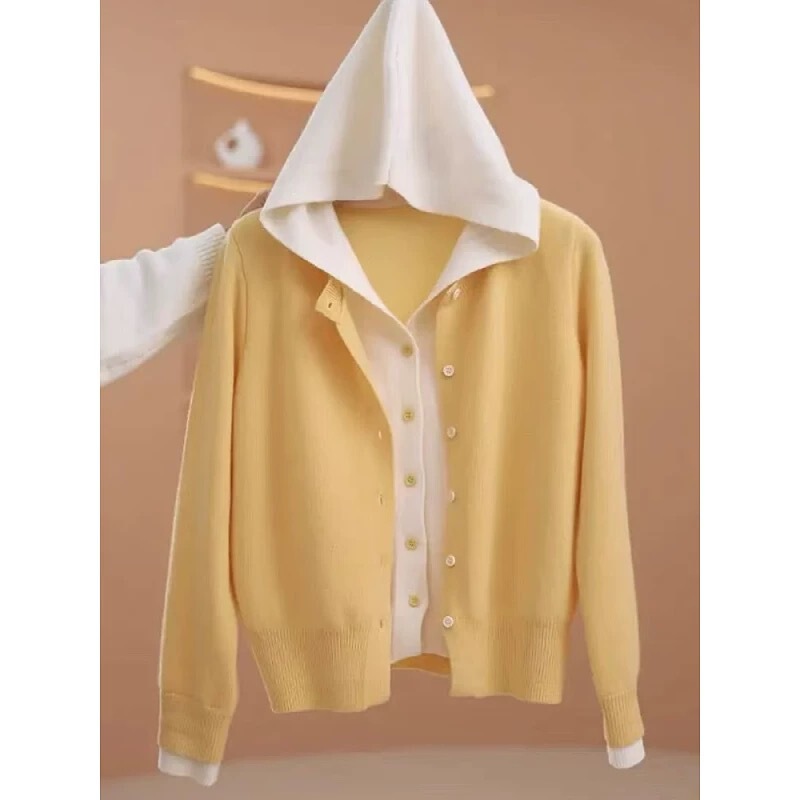 Contrast color fake two-piece hooded knitted cardigan women's 2025 spring new long sleeve casual fashion sweater coat top Contrast color fake two-piece hooded knitted cardigan women's 2025 spring new long sleeve casual fashion sweater coat top