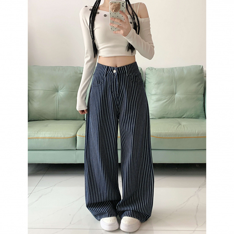 复古蓝色条纹阔腿牛仔裤女春秋宽松休闲显瘦直筒拖地长裤高街风|undefined