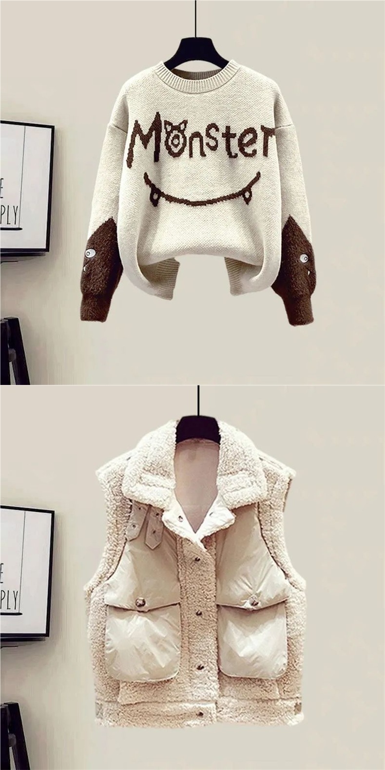 ChicShe Plus Size Damen Herbst/Winter Anzug, dreiteiliges Set aus neuer Lammwolle, bestehend aus Weste, figurformendem Strickpullover und Freizeithose_voghion.com