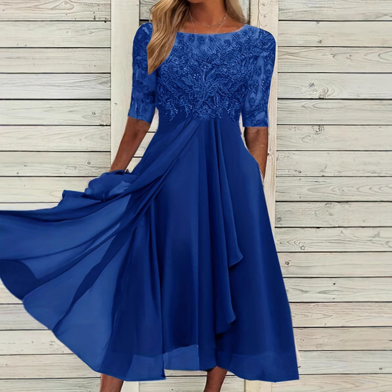 European and American spring and summer long chiffon dress sweet stitching lace hollow dress bridesmaid evening dress women's clothing