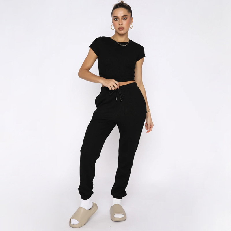 Spring Summer Solid Color Waffle round Neck Short Sleeve Women Clothing Casual Trousers Sets 40 Spring Summer Solid Color Waffle round Neck Short Sleeve Women Clothing Casual Trousers Sets