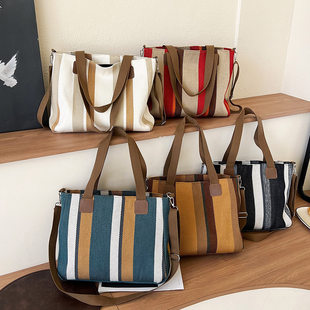 Big bag women 2025 new fashion striped canvas bag commuting hand tote bag trendy one-shoulder crossbody mommy bag