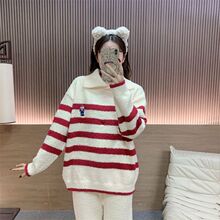 保暖冬季加厚软绵绵睡衣女正半边绒减龄学生领条纹绒家居服套装