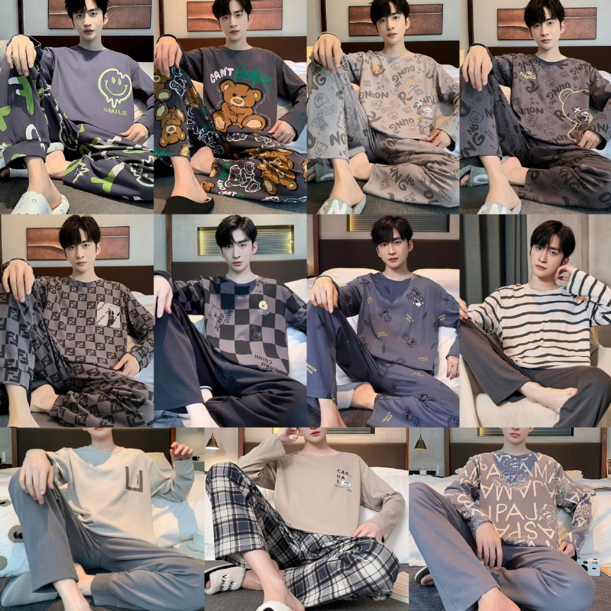 2024 pijama de otoño para hombres mangas largas sueltas coreanas casuales sueltas de tamaño grande se puede usar en el exterior conjunto de ropa de casa