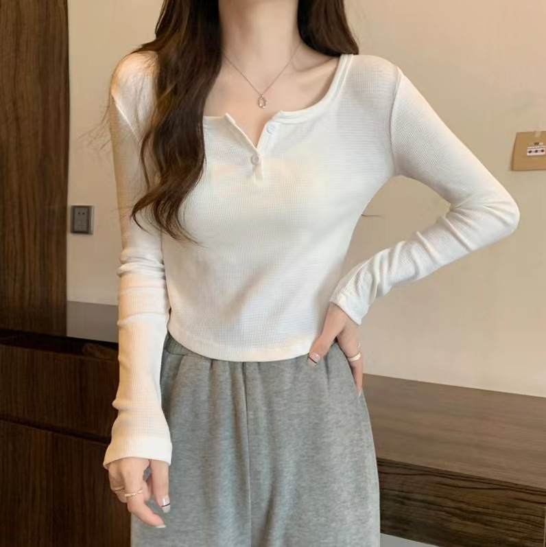 2025设计感弧形长袖正肩T恤女秋款半开领修身洋气外穿长袖上衣潮|undefined