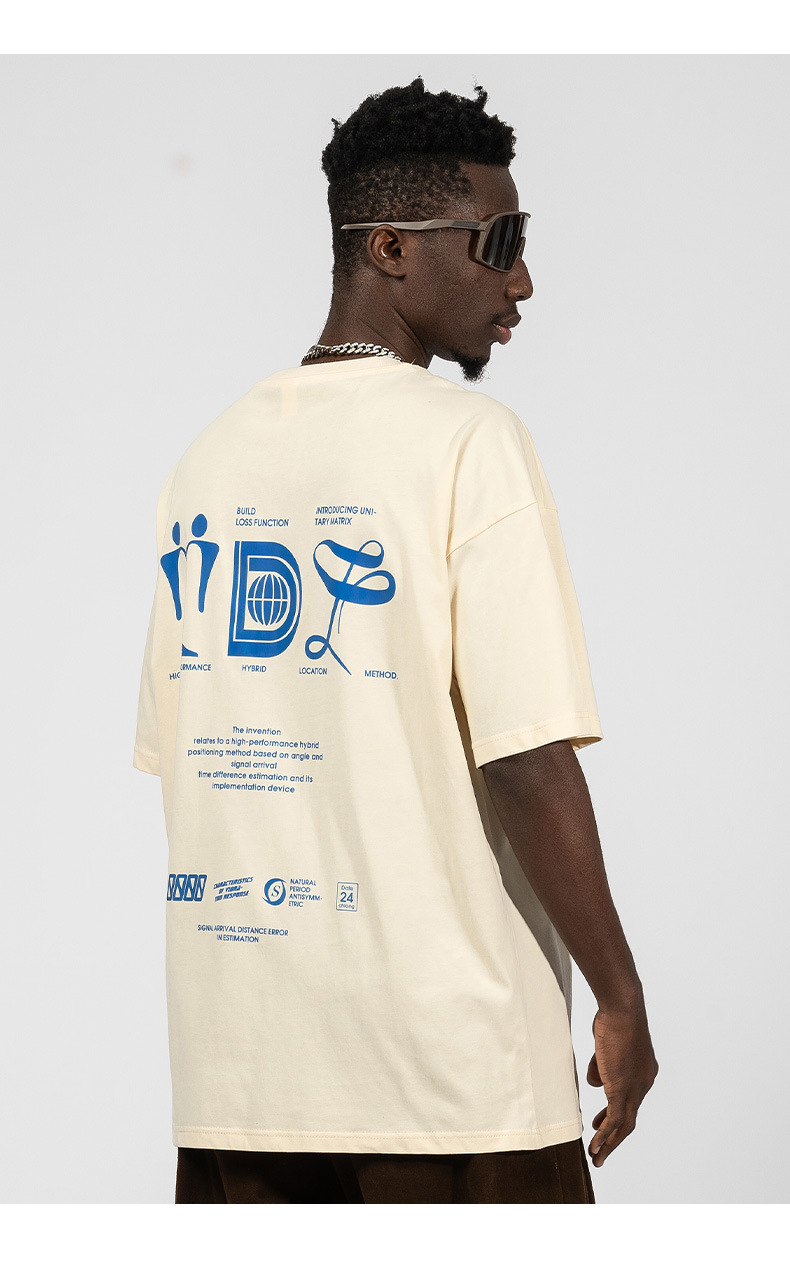 Vyriški trumpomis rankovėmis 220 g pavasario-vasaros medvilniniai laisvi marškinėliai paaugliams su kinišku abstrakčiu spaudiniu_voghion.com