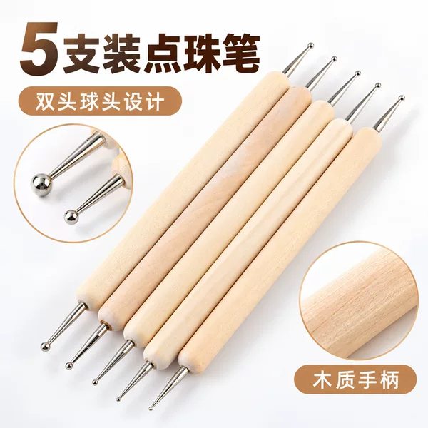 Nail Art Tools Wooden Handle Double Head Dot Drill Indentation Pen 5Pcs Pottery Clay Sculpture Nail Dot Flower Handmade DIY Set