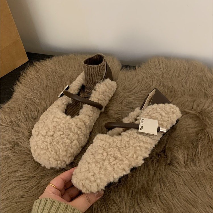 2024 neue Herbst- und Winterschuhe aus Samt mit runder Spitze, flachem Mund, Temperament mit flachem Boden, warme Bohnen, französische haarige Schuhe für_voghion.com