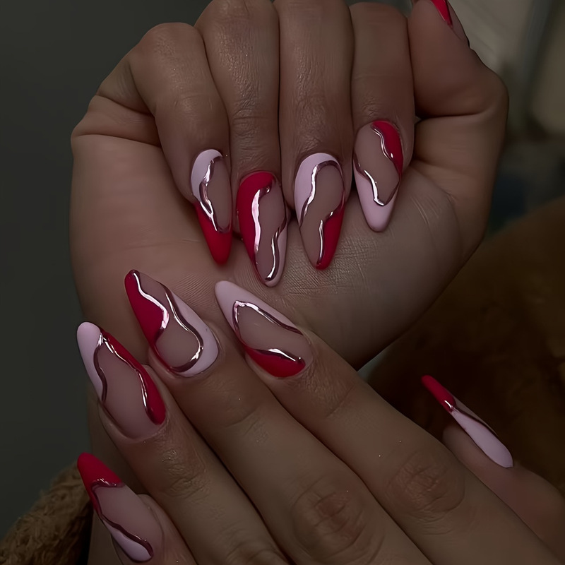 24Pcs Red Pink Artistic Stripesd Almond-Shaped Wearable Nails Removable Manicure Press-On Fake Nails 24Pcs Red Pink Artistic Stripesd Almond-Shaped Wearable Nails Removable Manicure Press-On Fake Nails