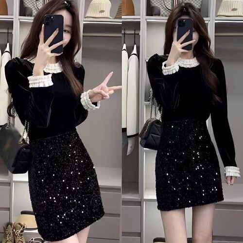 Spring fashion small chanel suit Korean drama black spliced long-sleeved shirt top high waist sequin half skirt two-piece set 
