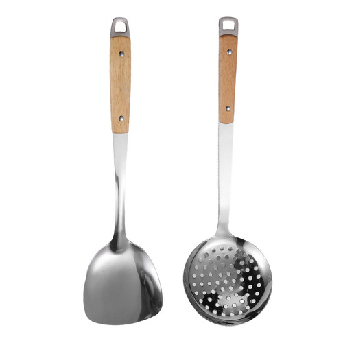 Stainless steel spatula household combination set kitchen half wooden handle large colander anti-scalding cooking spatula cooking spoon