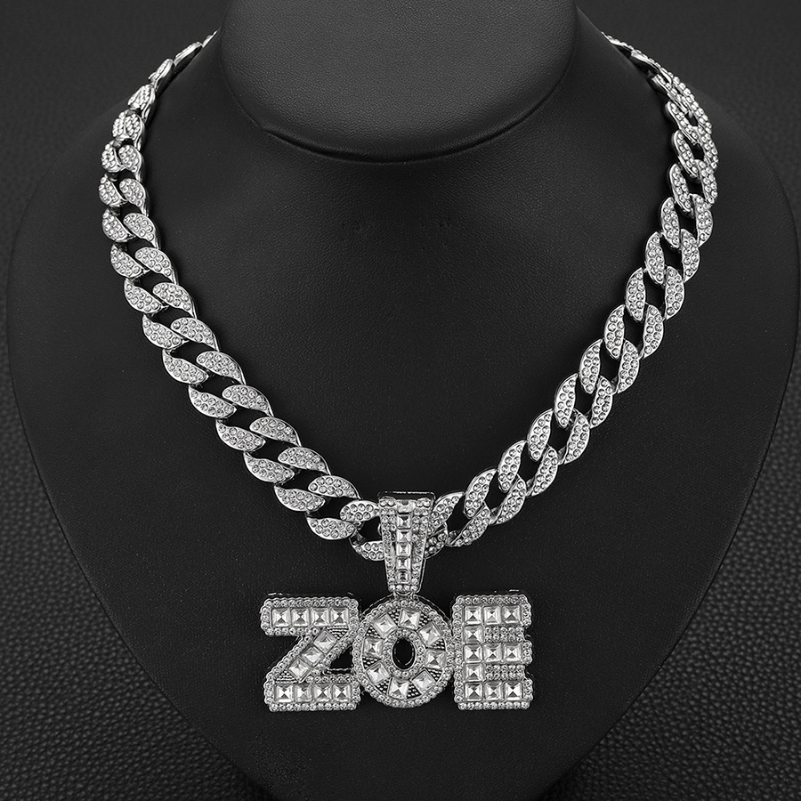 Men's T-square glass diamond letter ZOE INS personalized trendy hip-hop pendant accessory Cuban necklace_voghion.com