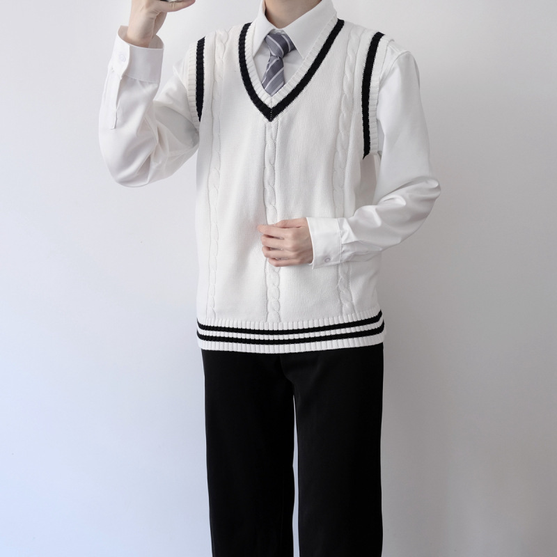 オリジナル JK/DK 制服カレッジスタイル V ネックストライプツイストニットベスト学生ベストセーター男性と女性のため|undefined