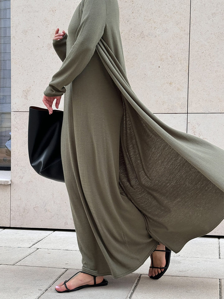 Bộ đầm dài kèm áo cardigan dệt kim dài tay nữ — Màu cà phê đậm, Màu hồng, Màu trắng, Màu xám chi tiết 75
