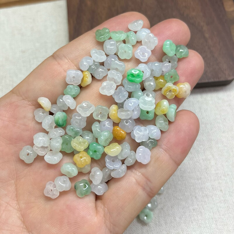 缅甸天然a货翡翠小桂花散珠莲花珠冰种三彩料单颗diy编制手串挂绳|undefined