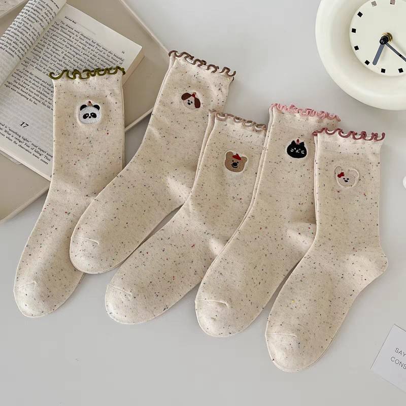 Fashionable Cotton Women's Cute Ruffled Cartoon Animal Ankle Socks for Girls, Spring Knitted Thin Eco-Friendly