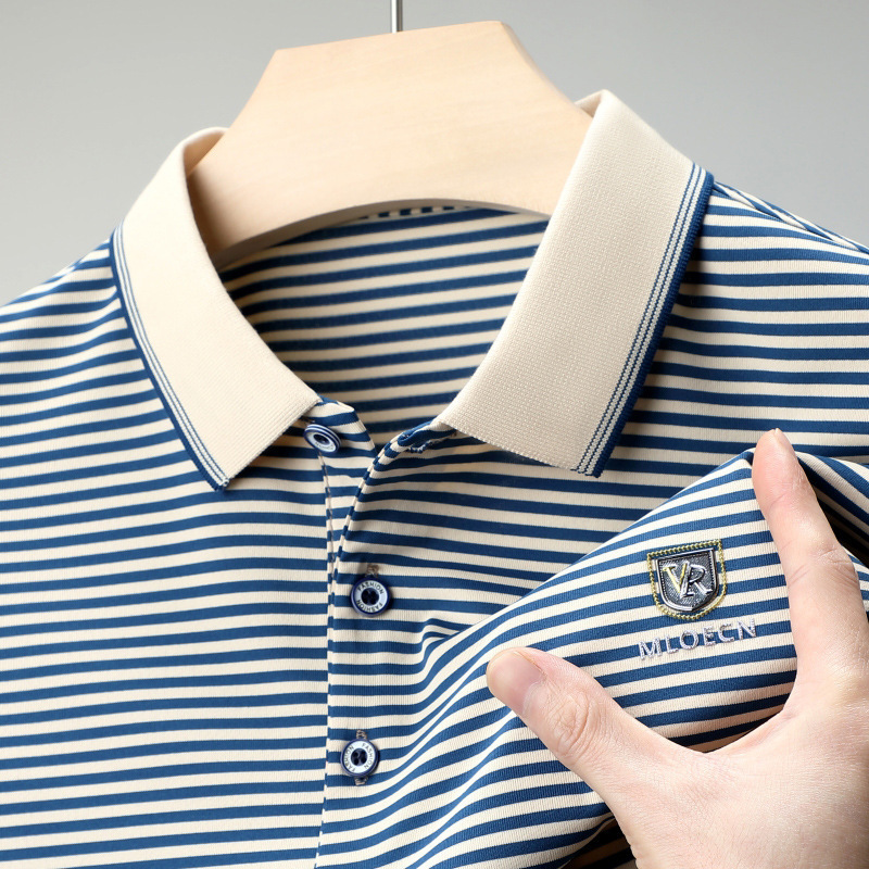 Cotton Short-sleeved T-shirt Men's Summer New Arrival Middle-aged Lapel Stripe Printed Loose Dad Men's Polo Shirt