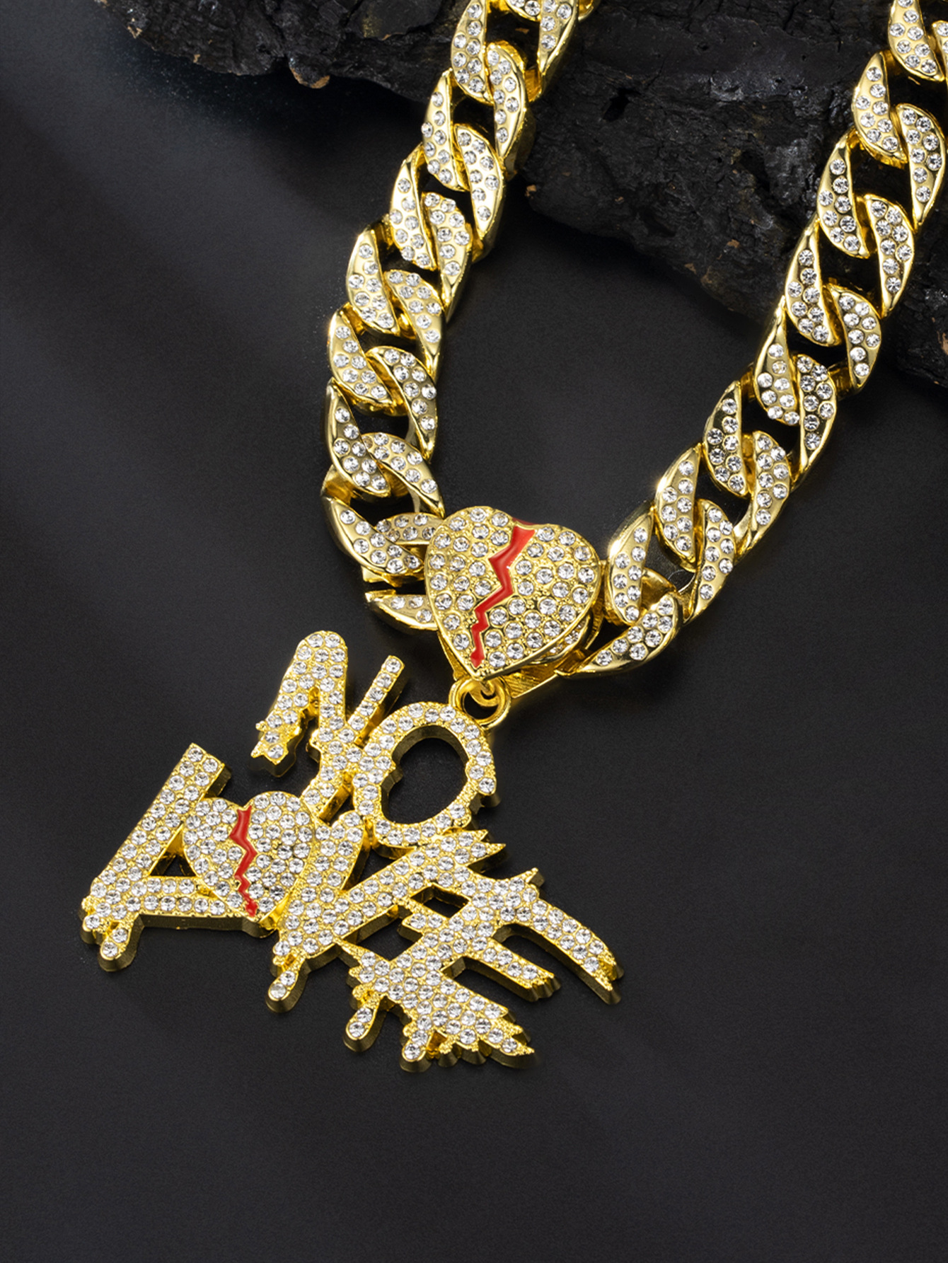 New full diamond Cuban chain splicing letter love pendant hip-hop street culture trendy men's necklace_voghion.com