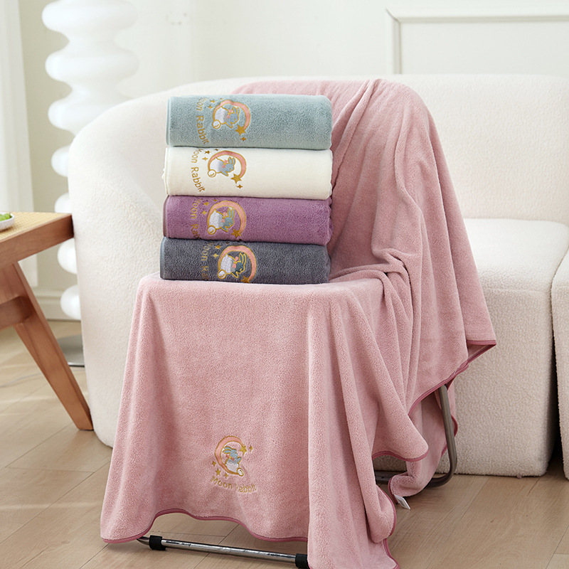 High-grade Extra Large Bath Towel Coral Fleece Household Absorbent Soft Quick-drying Thickened Beach Towel Moon Rabbit Towel Embroidered Style