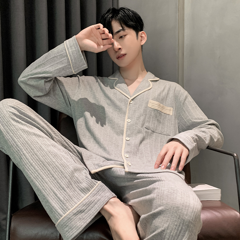 Pijamas de hombre cuidadosamente seleccionados, primavera y otoño, algodón puro, manga larga, nuevo estilo suelto, talla grande, los jóvenes pueden usar ropa de hogar