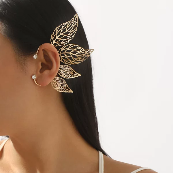 E13298 European and American fashion exaggerated personality creative diamond gold unilateral leaves five-pointed star without ear hole ear hanging women