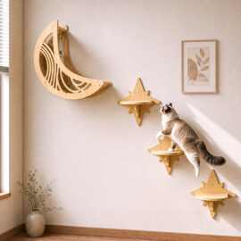 跨境室内实木猫爬架客厅壁挂装饰星月楼梯玩具猫跳台宠物攀爬木架