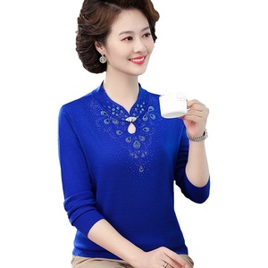 中老年女裝針織毛衣純色顯氣質T恤寬松旗袍領2023秋冬新款媽媽裝圖片