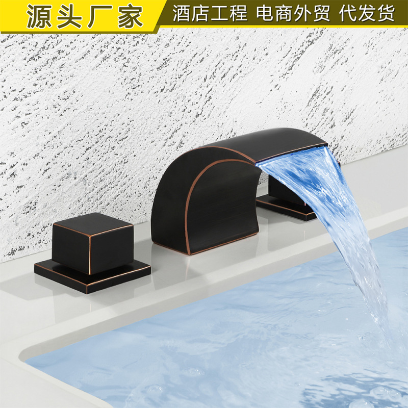 Cross-border waterfall basin faucet LED hydraulic luminous hot and cold double handle double control bathroom cylinder side table upper plate faucet