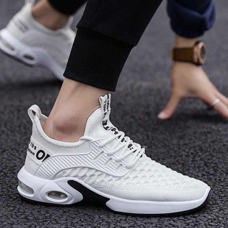 2022 Spring and Autumn New Breathable Men's White Flyknit Low-Top Lace-Up Lightweight Sports Round-Toe Men's Shoes Breathable and Comfortable