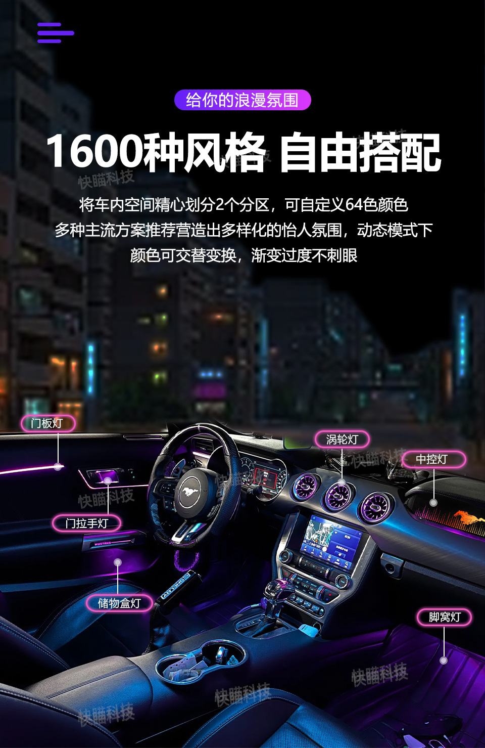 Car Ambient Lighting Suitable for Ford Mustang Air Vents - Interior Door Panels Mustang Ambient Light