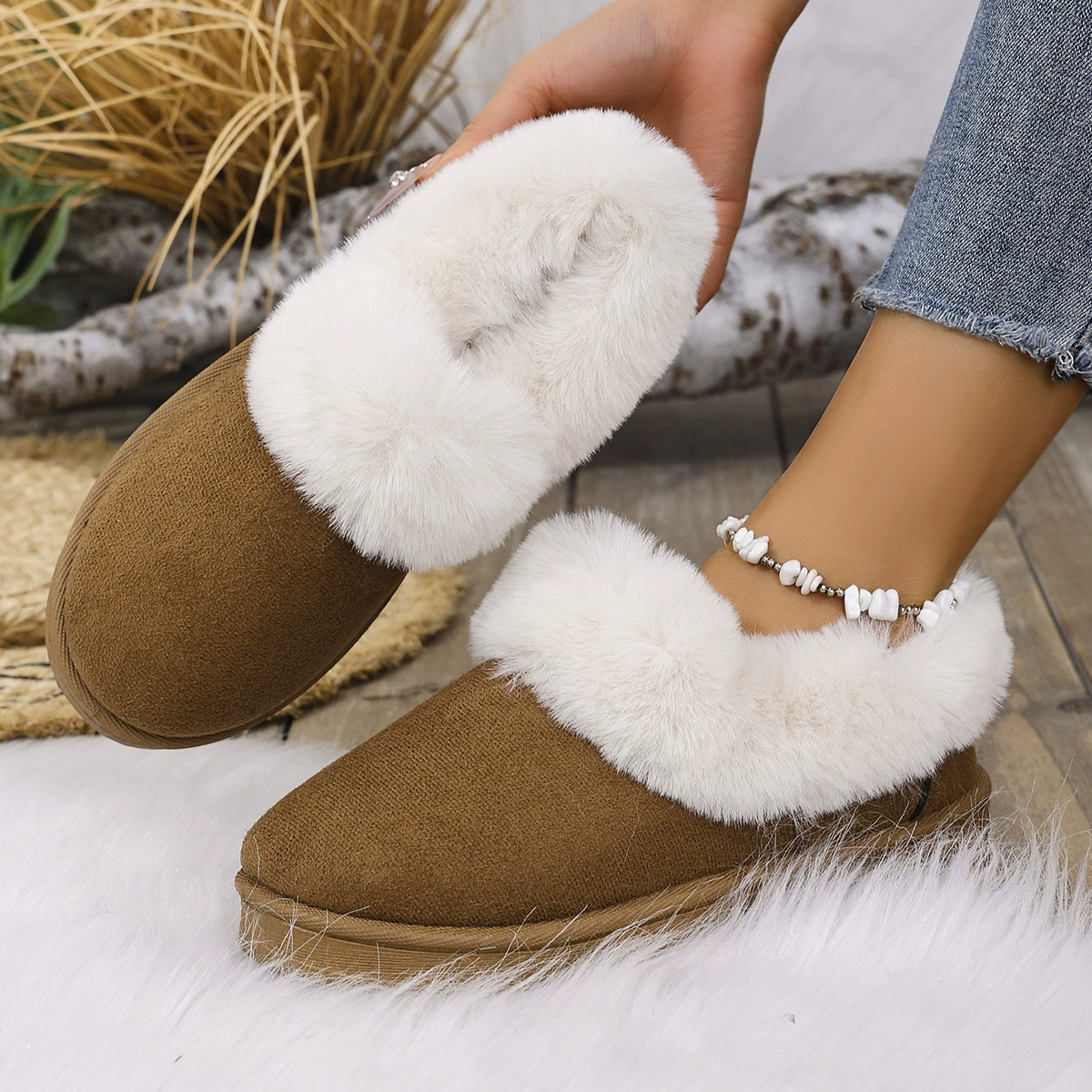 Внешняя торговля, новые зимние хлопковые туфли большого размера на толстой подошве с меховой подкладкой, зимние сапоги на плоской подошве и низком каблуке, женские хлопковые туфли на одной ноге с круглым носком