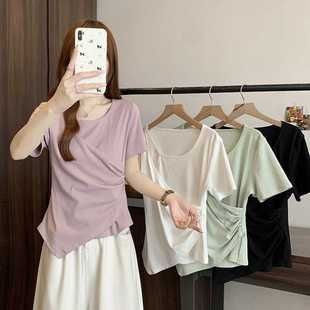 Real shot 2025 summer new chubby girl plus size women's gentle wind irregular waist slim fit thin short sleeve T top