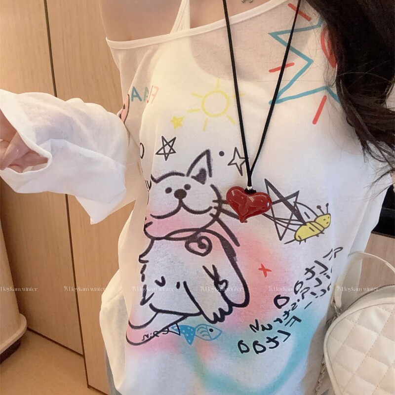 [3746 People Praise] Dopamine Summer New Graffiti Cat Ruffle Niche Age-Reducing Blouse Sun Protection