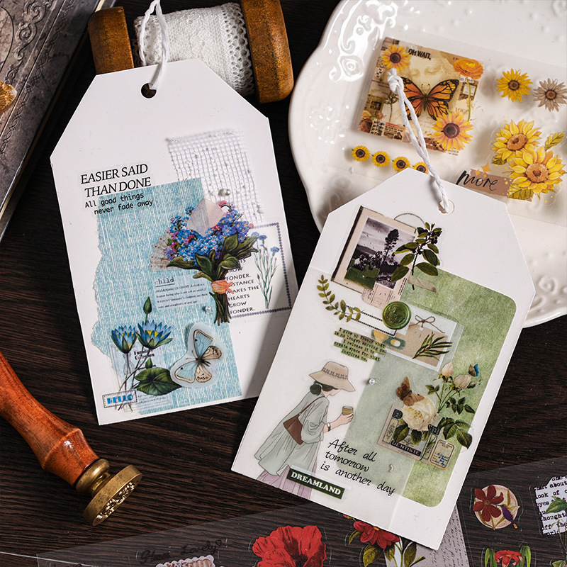 Cuatro estaciones de amor serie transparente pegatinas impermeables para mascotas diy pegatinas florales retro pegatinas de plantas de escritura decoración