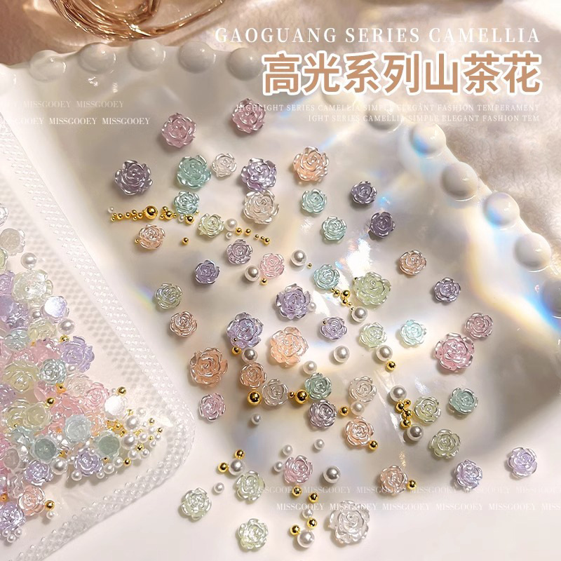High-gloss Camellia nail jewelry wholesale diy three-dimensional rose Pearl steel ball small jewelry nail decorations