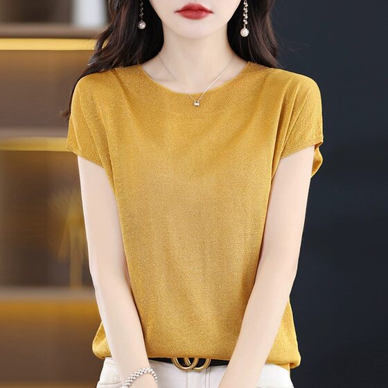 Ice Silk Knitted Top Women's Short-sleeved Summer Thin Draped High-end All-match Loose Sleeve Round Neck Short-sleeved T-shirt