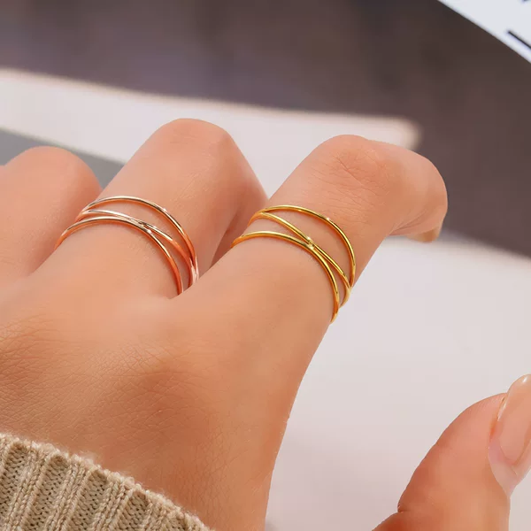 French-Style Three-Layer Fine Line Interwoven Design 18K Gold Stainless Steel Ring, Ins-Style Niche High-End Stainless Steel