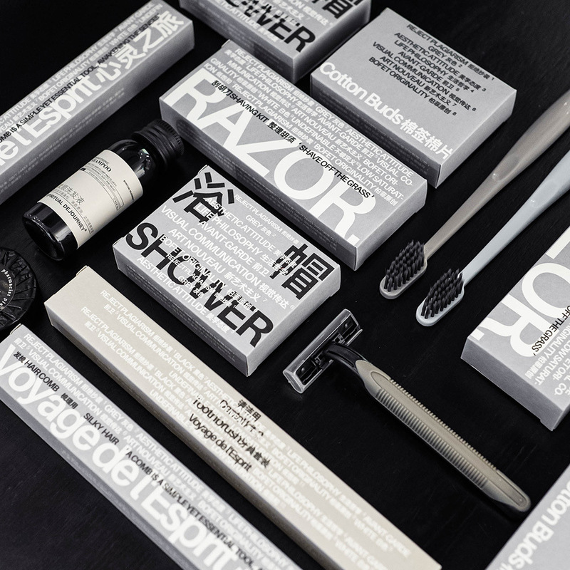 Design a Complete Set of Disposable Hotel Toiletries for Home Use, Including Soft-Bristle Toothbrushes with Toothpaste, Suitable for Popular Homestays and Bathing Facilities