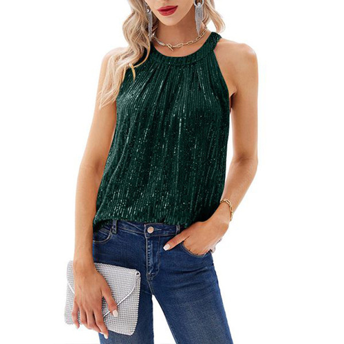 Summer, Europe and America Amazon cross-border new solid color halter neck style female sequin feel micro-elastic suspender sequin vest