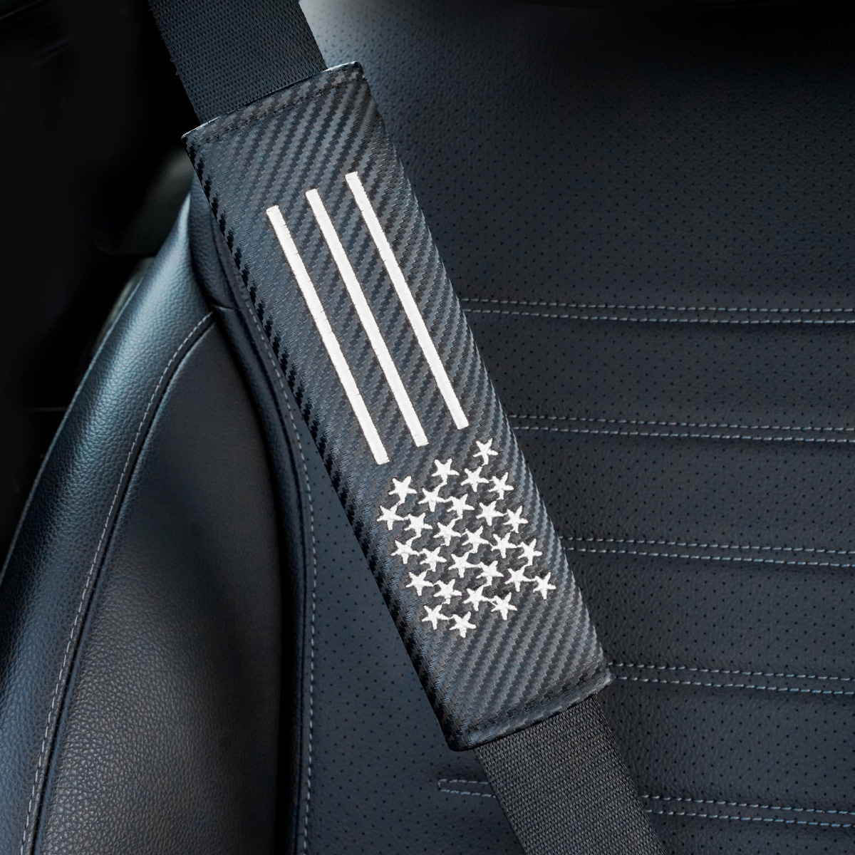 New Car Seatbelt Shoulder Pads with Carbon Fiber Pattern Leather Embroidery and American Flag, Popular Cross-Border Seatbelt Protectors