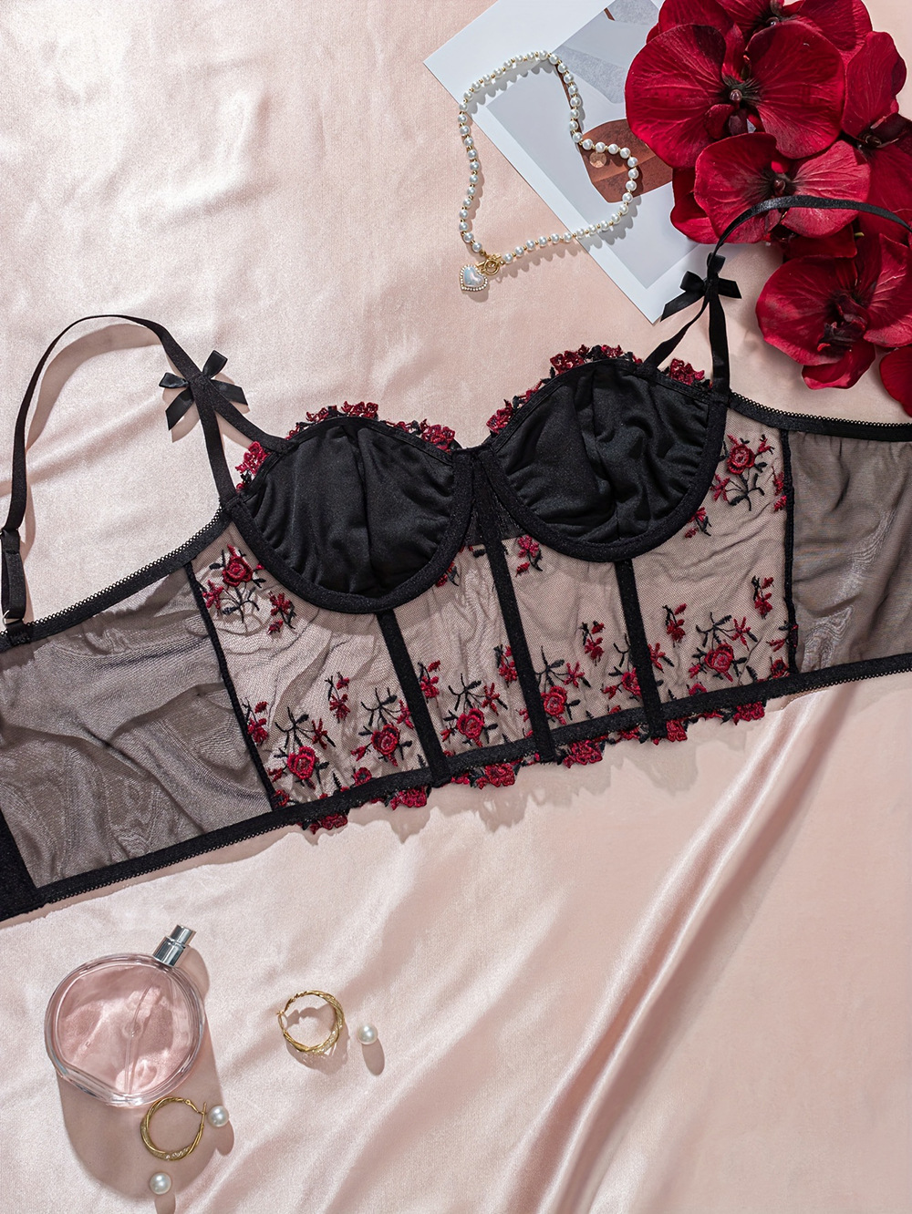 Women's Floral Embroidered Bra With Bow And Adjustable Straps_voghion.com